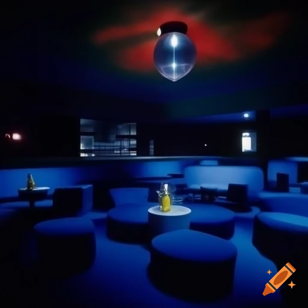 Empty 1980s/1990s lounge nightclub with cobalt blue decor and disco ball