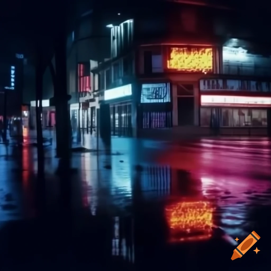 1980s European city at night with neon lights reflecting on wet streets