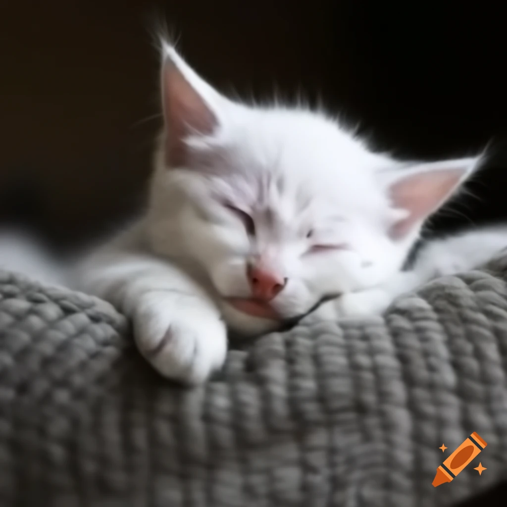 White kitten falling onto a soft blanket