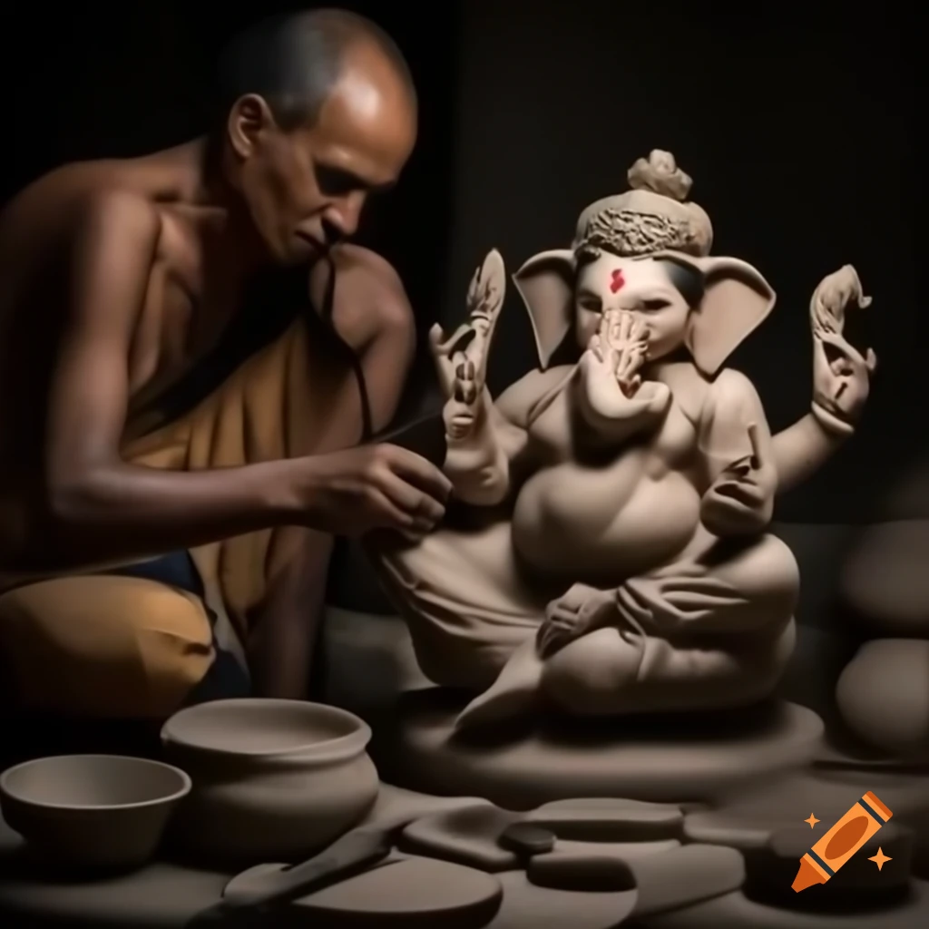 Artisan shaping Ganpati Bappa idol with intricate details