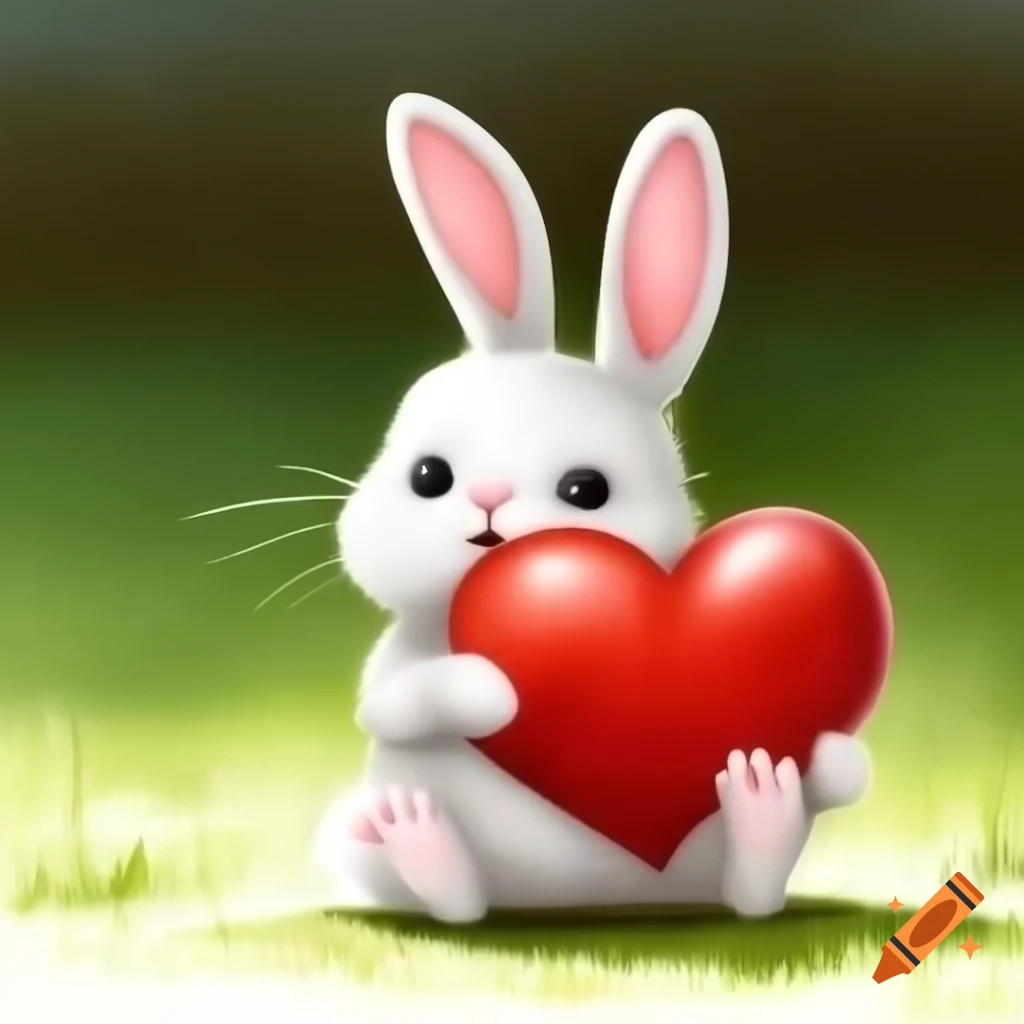Cartoon-style bunny holding large heart, one ear straight up and one bent