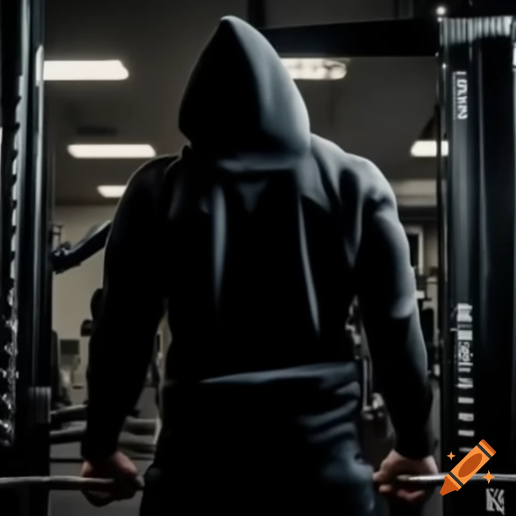 Guy in hoodie standing in gym, back view