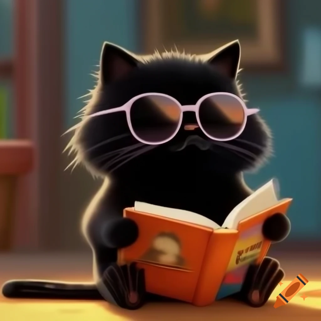 Cartoon of little black cat with sunglasses reading a book