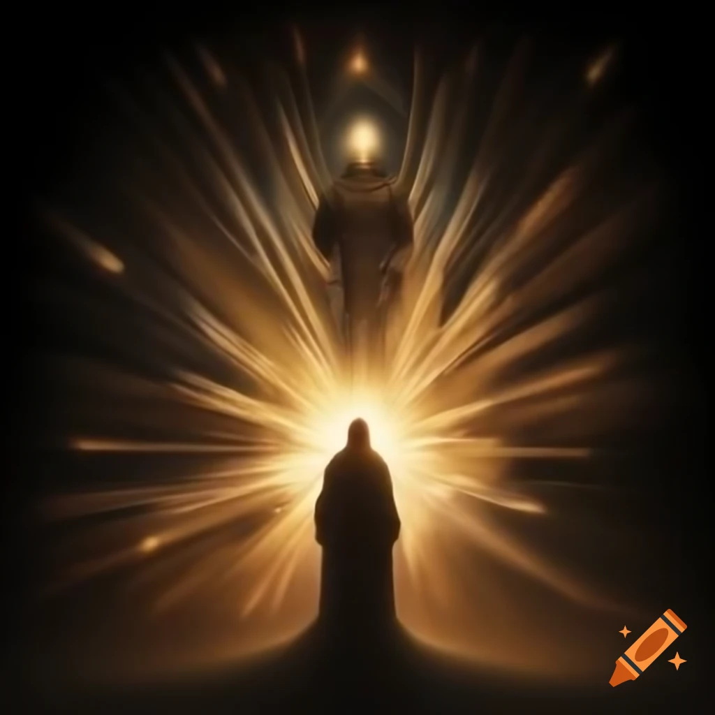 Drawing of figure illuminated by radiant light with protective presence symbolizing salvation