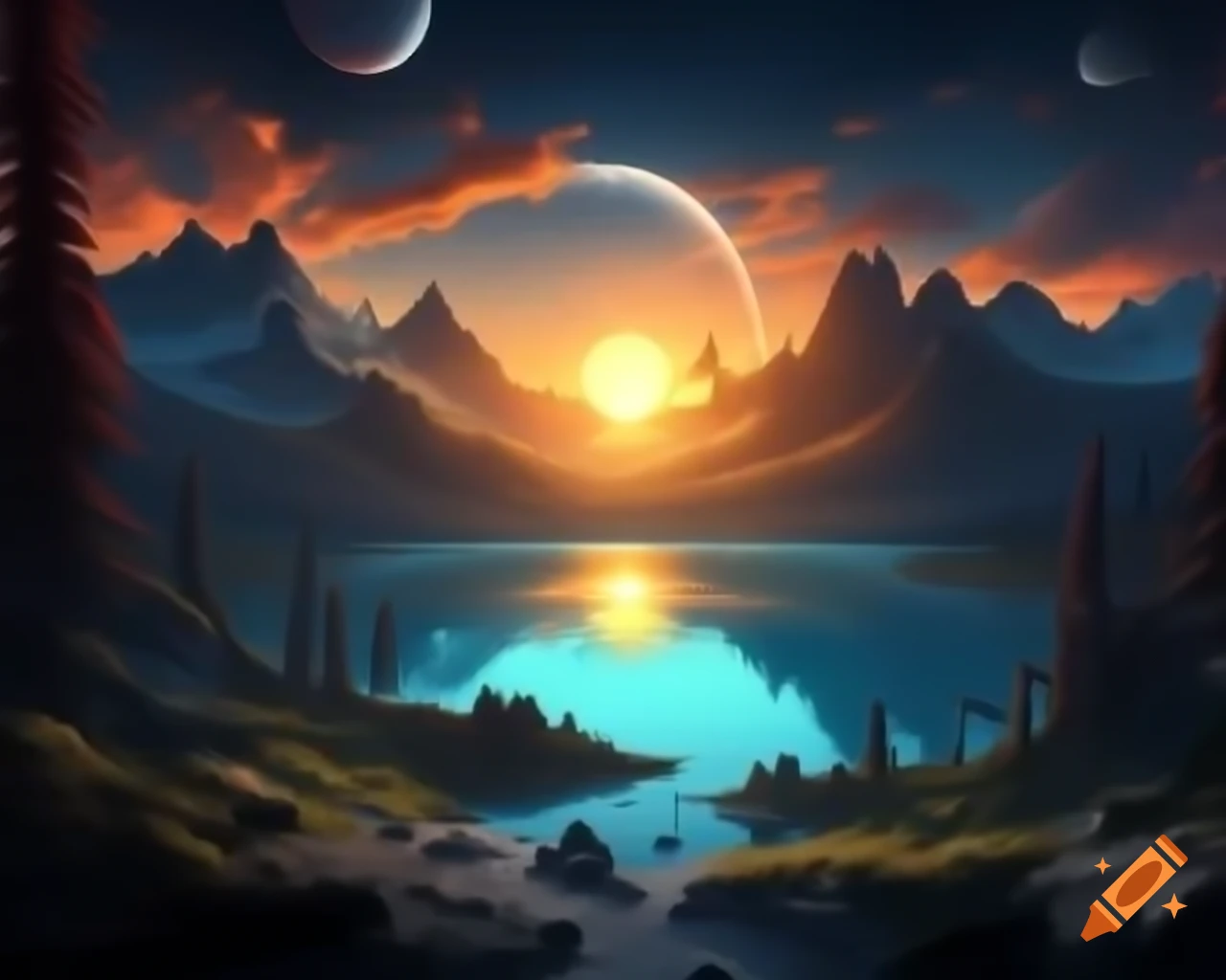 Photorealistic 3D render of sunset over mountain lake with shining light