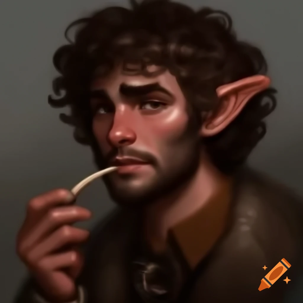 Halfling DnD character in wild west style with pipe and curly hair