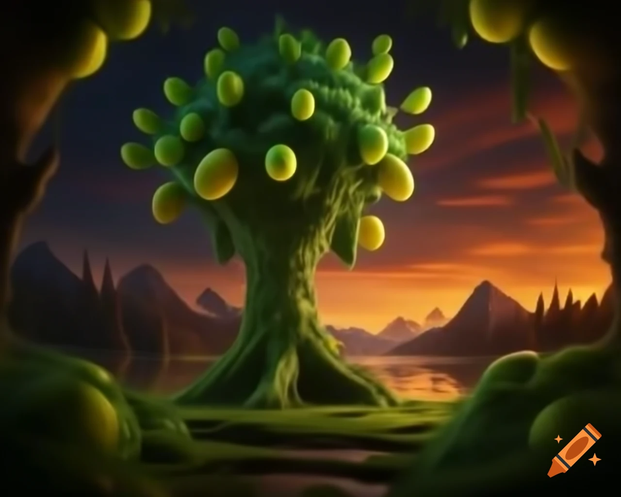 Surreal lemon tree monster in photorealistic style with warm hues