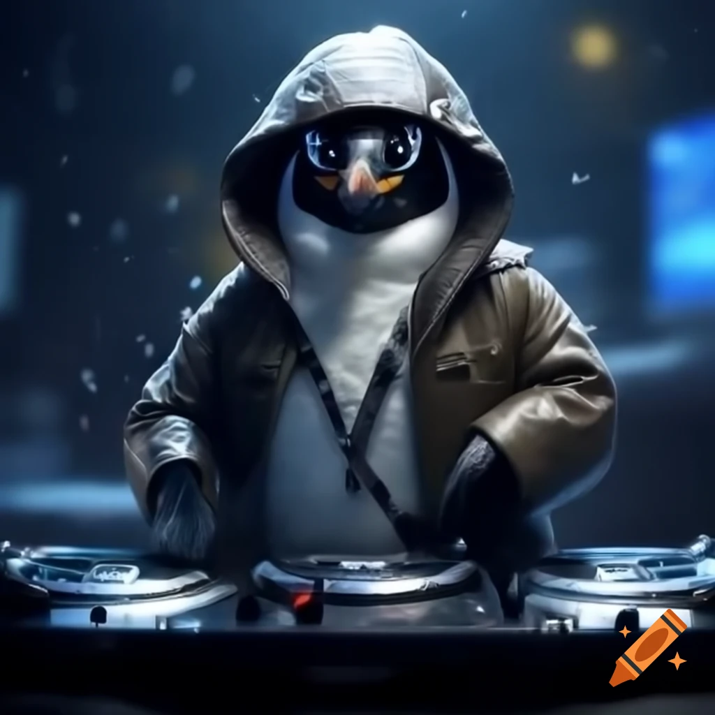 Penguin in trench coat DJing on a rainy noir night