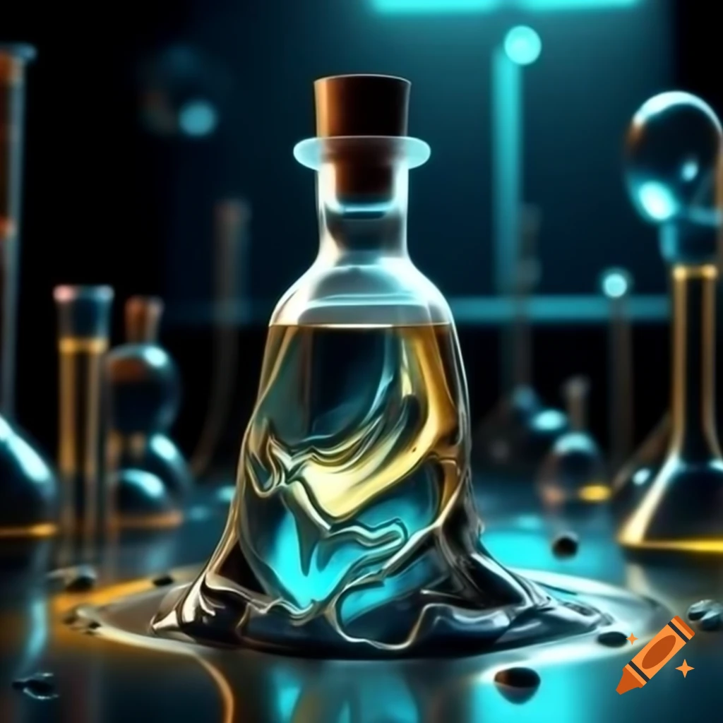 Futuristically designed bottle with shiny liquid flowing, surrounded by scientific instruments