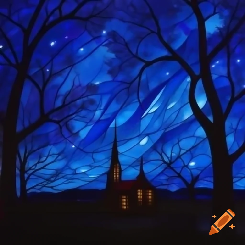 Stained glass style depiction of blue starry night with trees and church