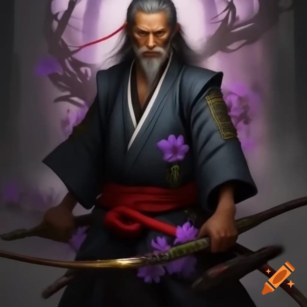 Old man samurai holding magic longbow adorned with purple flower