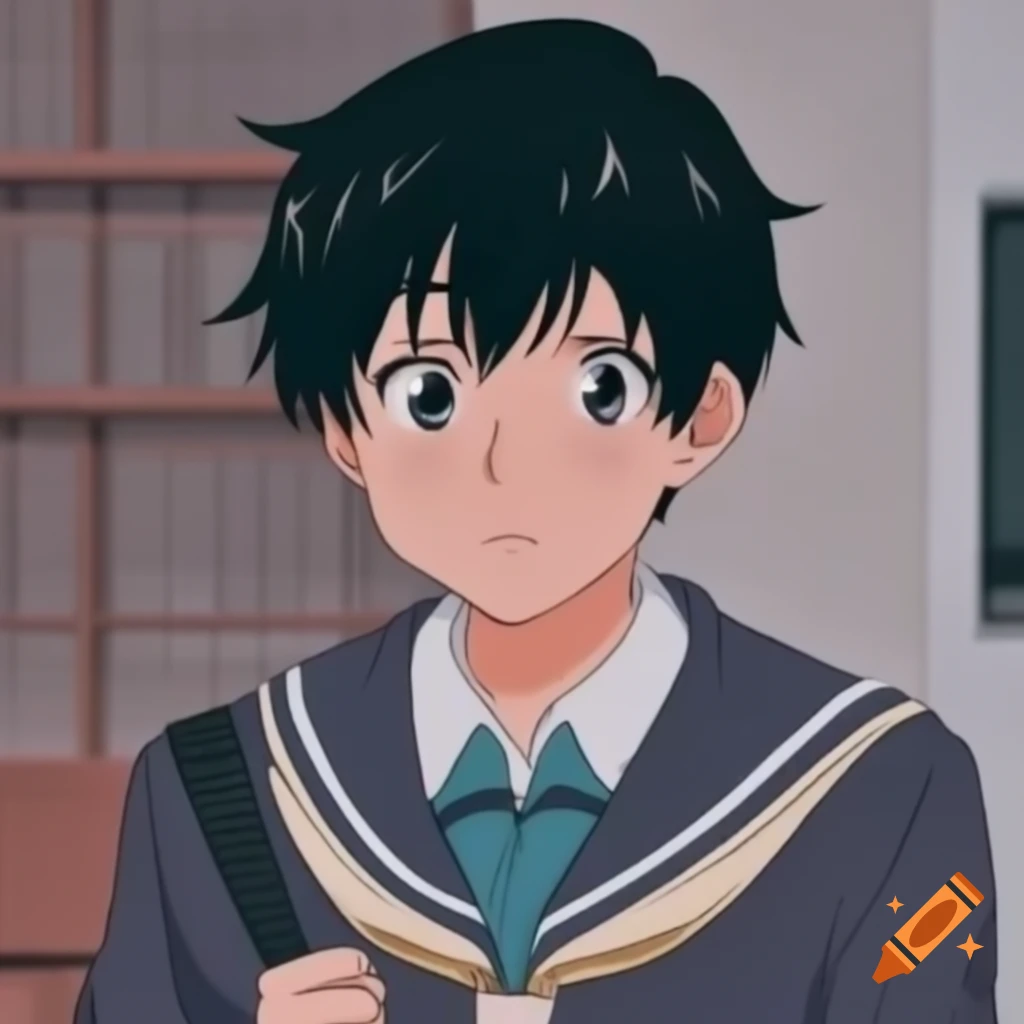 Anime illustration of young male university student in uniform in Tokyo