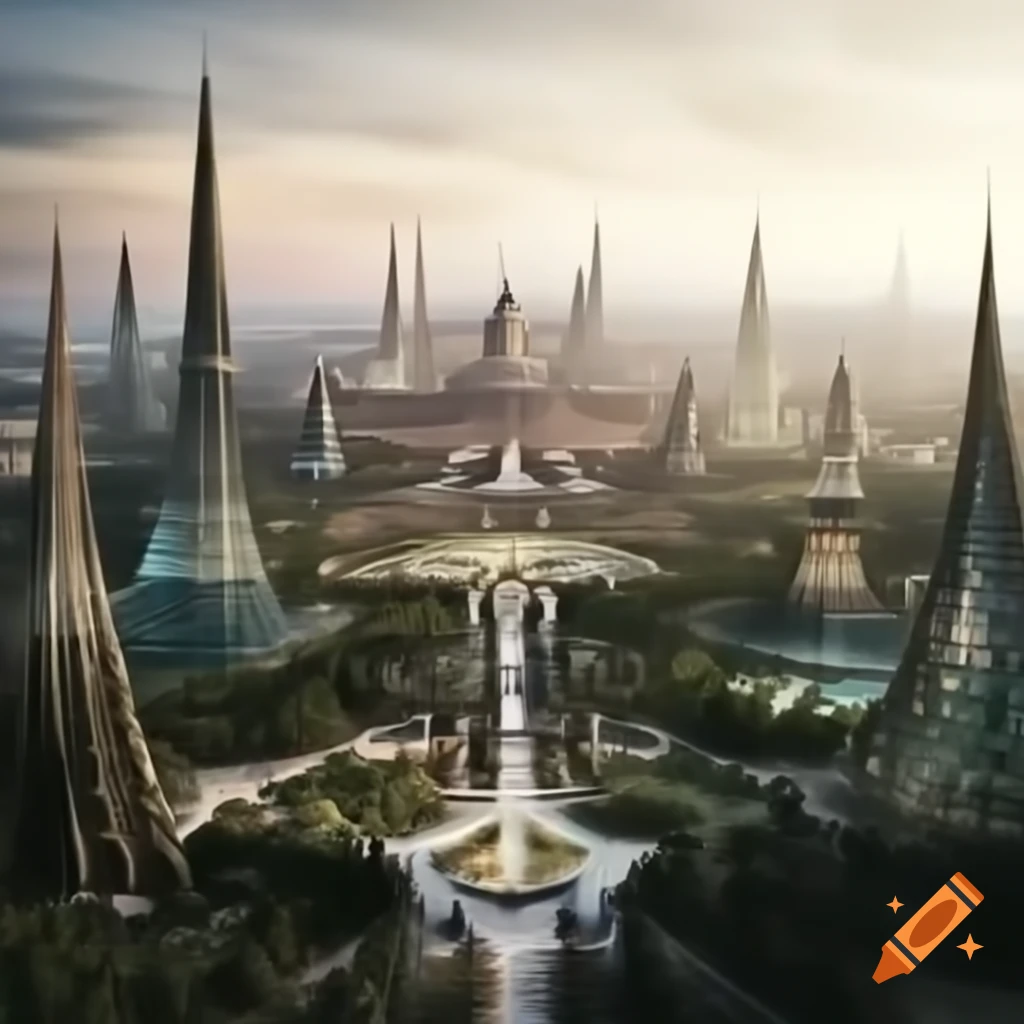 Aerial view of an Atlantean city with crystal spires and bioluminescent features at dawn