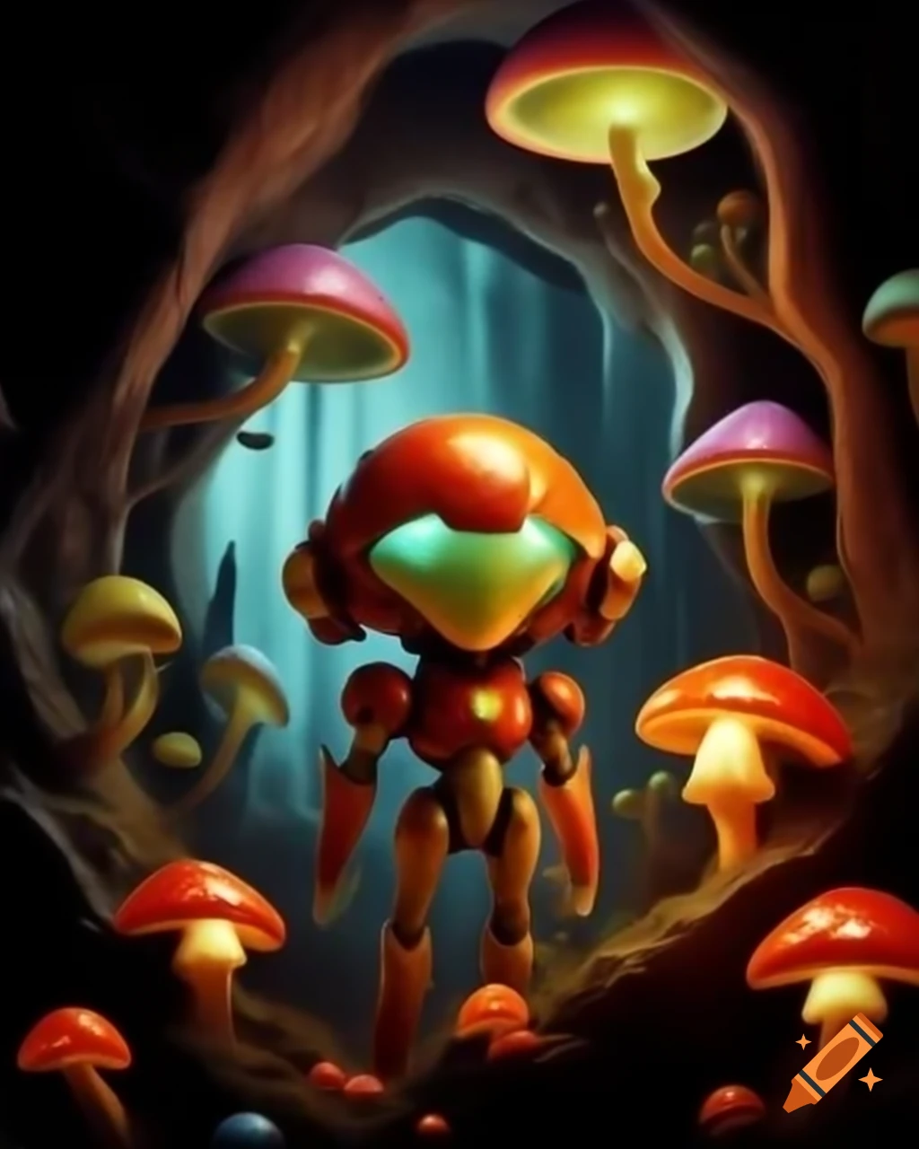 Metroid Samus in cave with glowing mushrooms, hyper-realistic photography