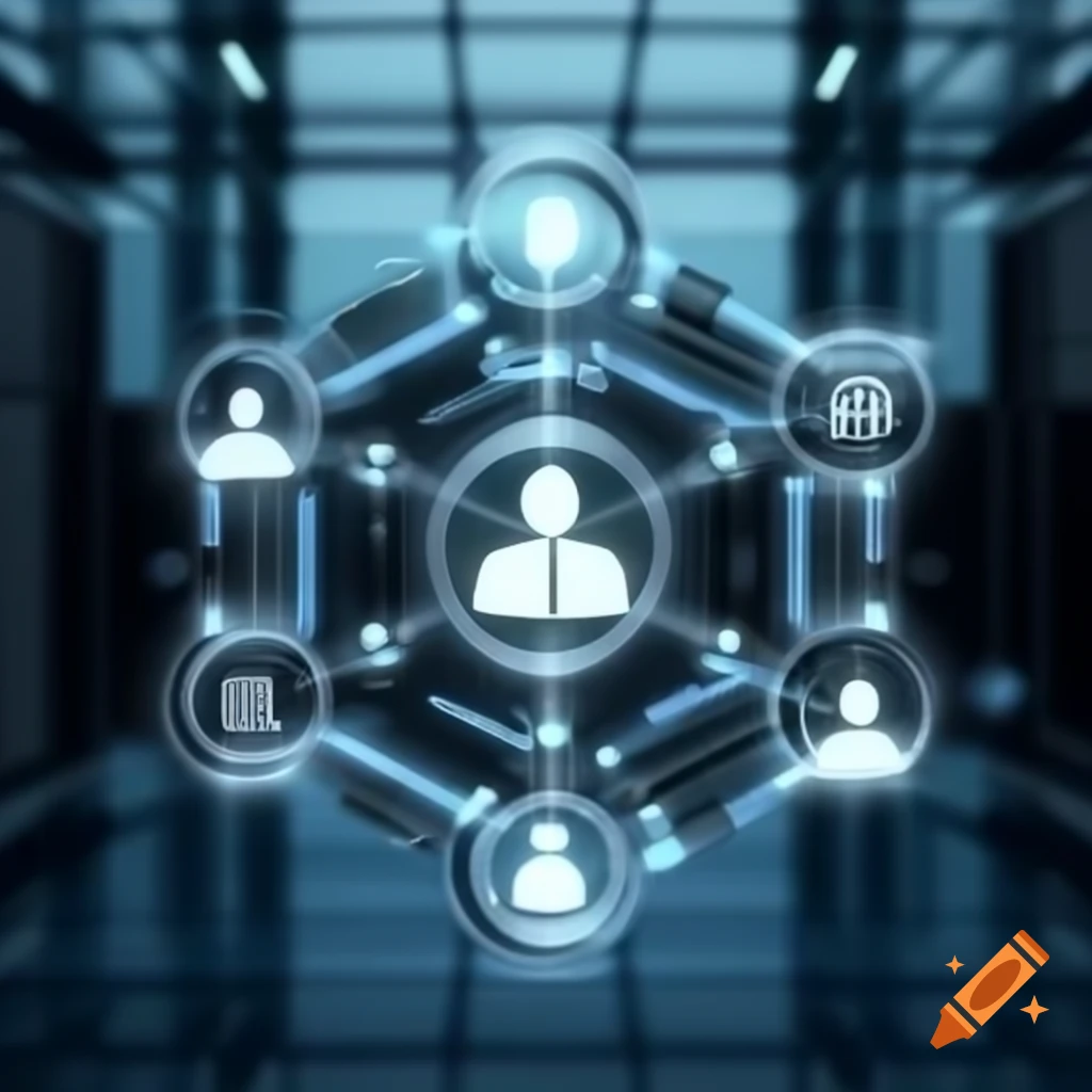 Futuristic digital interface with AI nodes for business automation and abstract technology elements