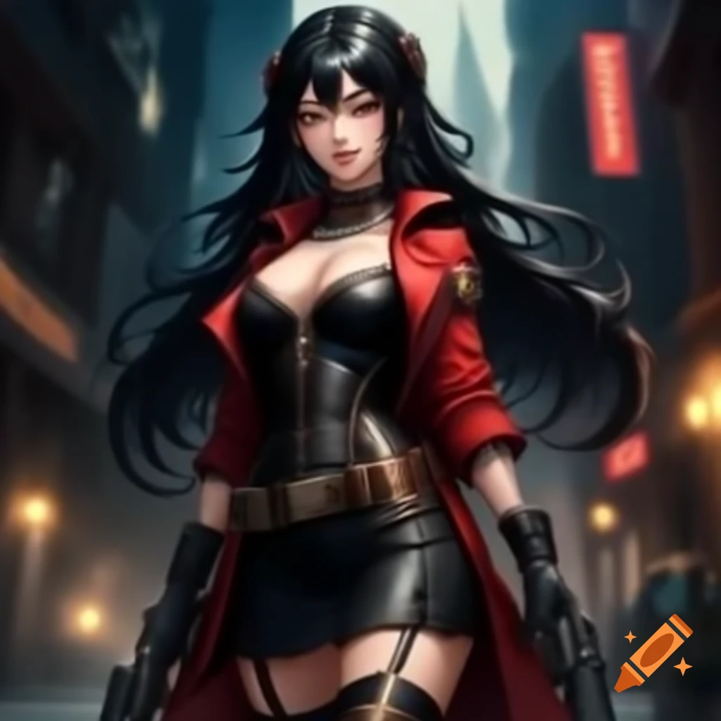 Game art style depicting a woman in steampunk attire wielding dual tommy guns in a city at night