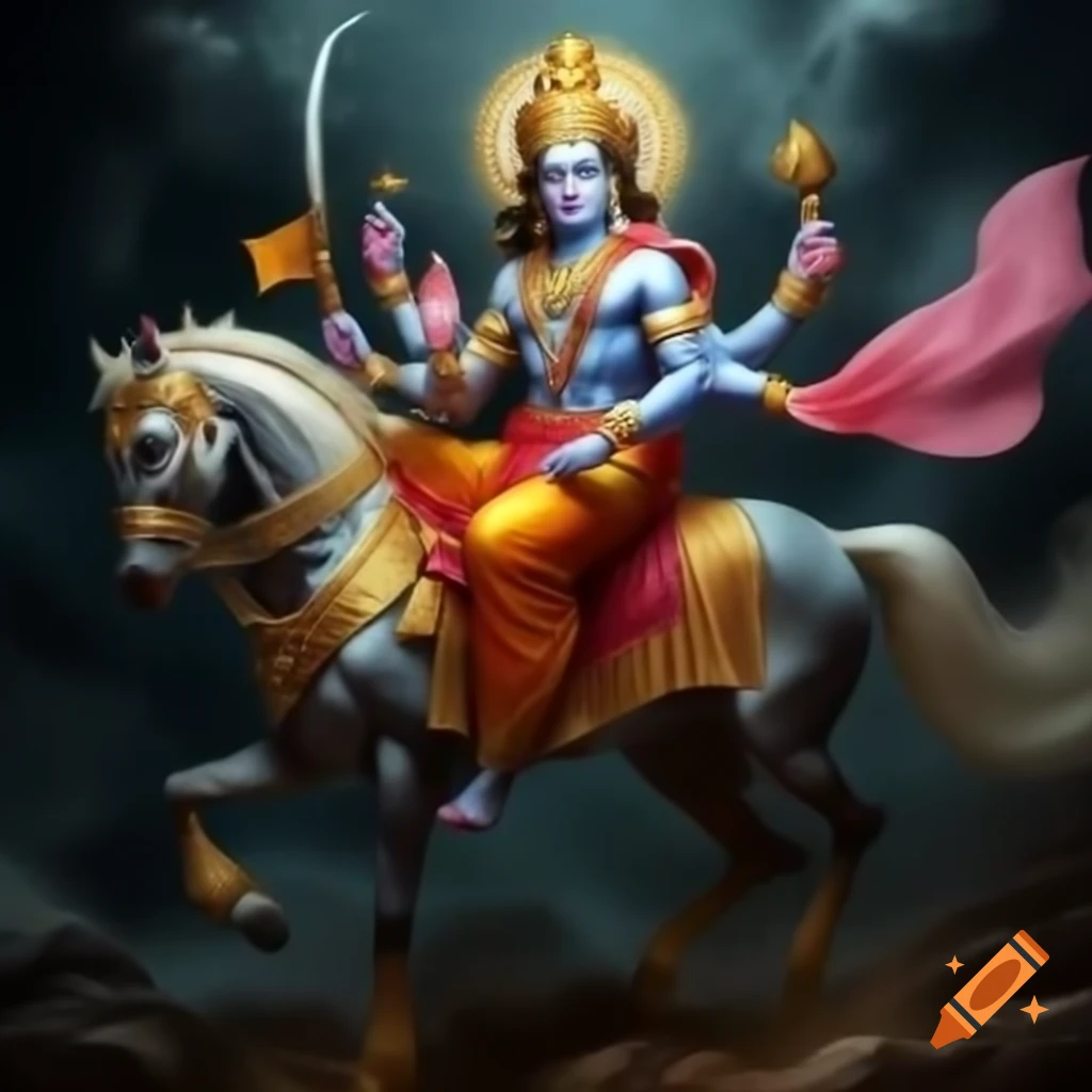 Kalki, the Hindu god, depicted riding a horse