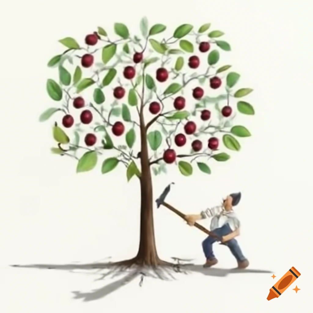 Man cutting down an apple tree with an axe