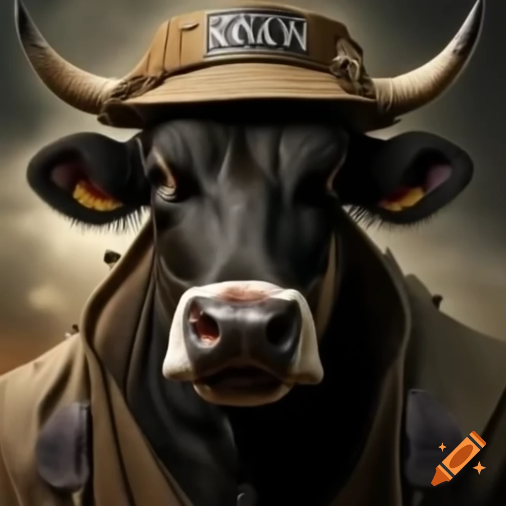 Cow in ninja outfit with large hat labeled 'ZBBT'