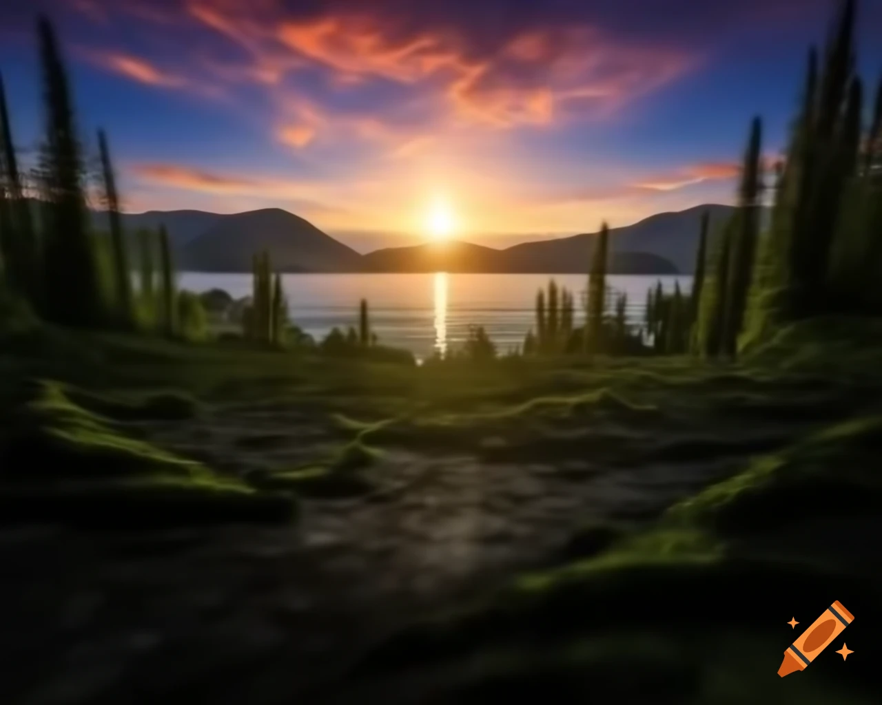 Photorealistic landscape of mountain lake with island and sun rays