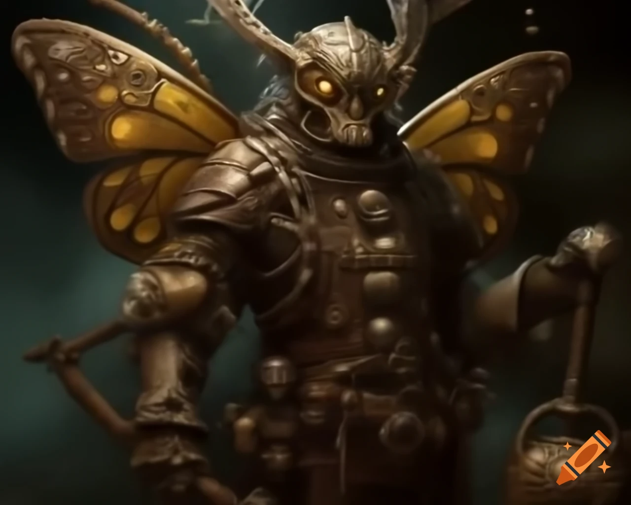 Steampunk butterfly creature with armor made of nuts and bolts
