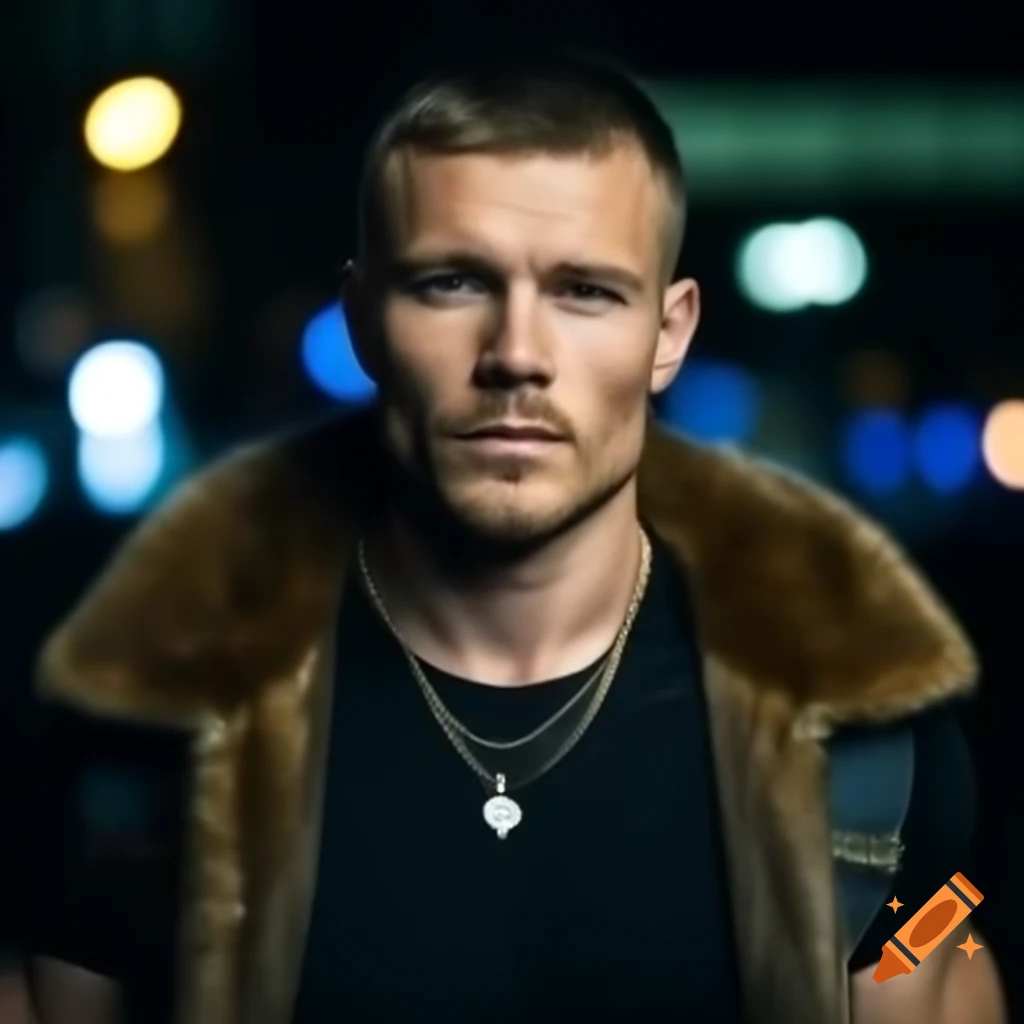 Strong Icelandic man in black t-shirt and denim vest at night in San Francisco