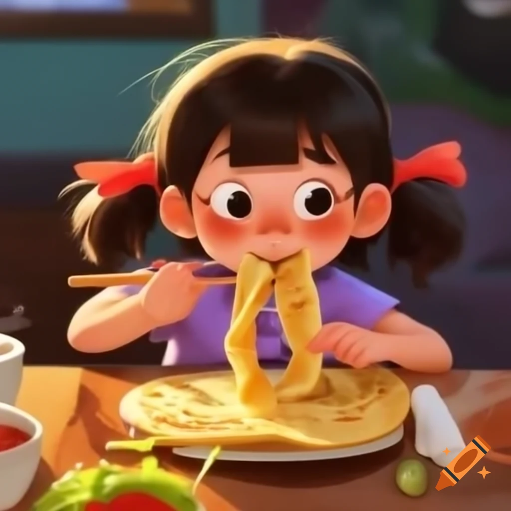 Girl using chopsticks to eat roti