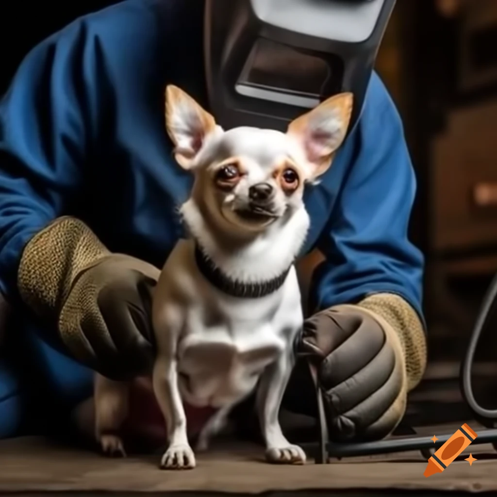 Chihuahua wearing welding mask while working as a welder
