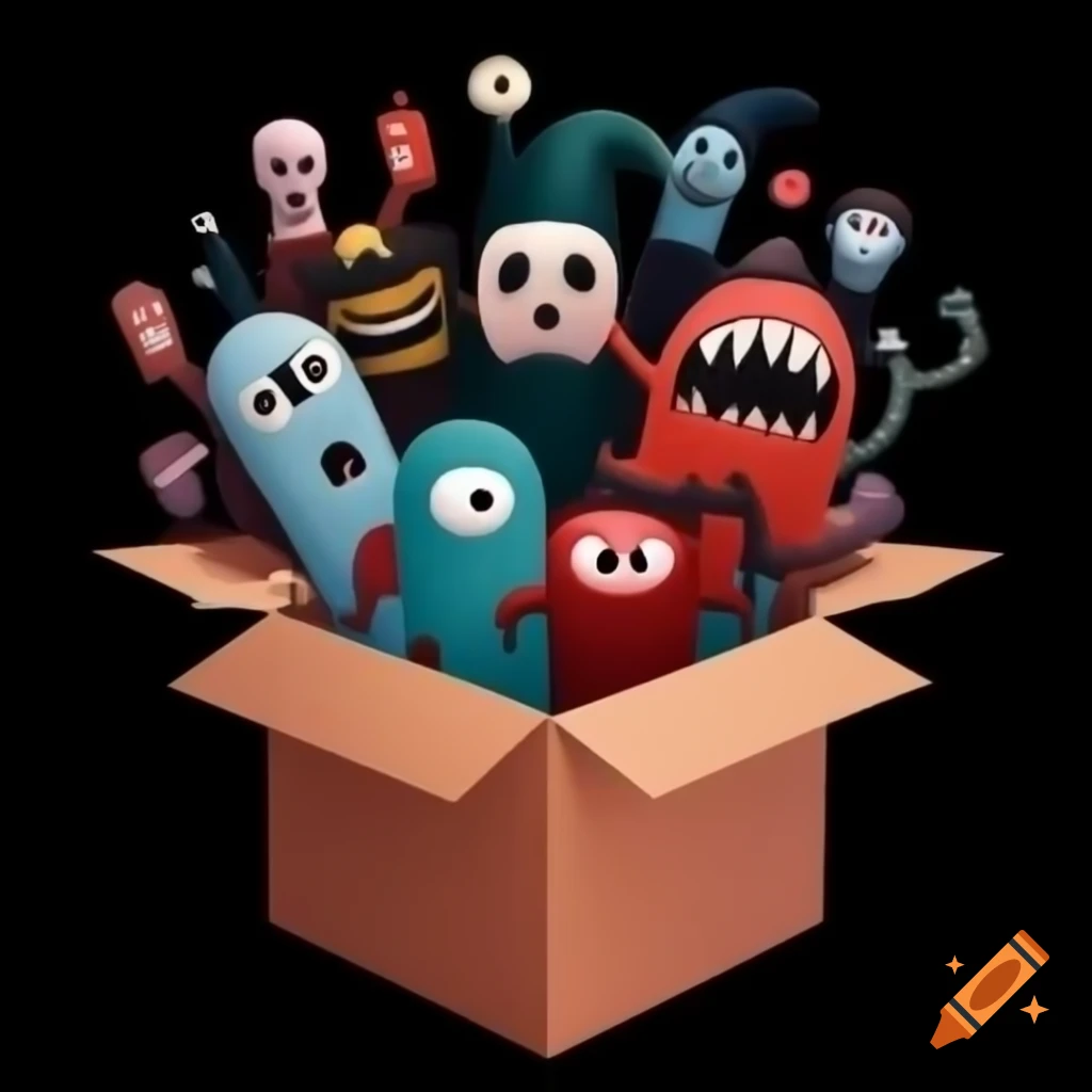Abstract box in chaotic scene with creepy characters on black background