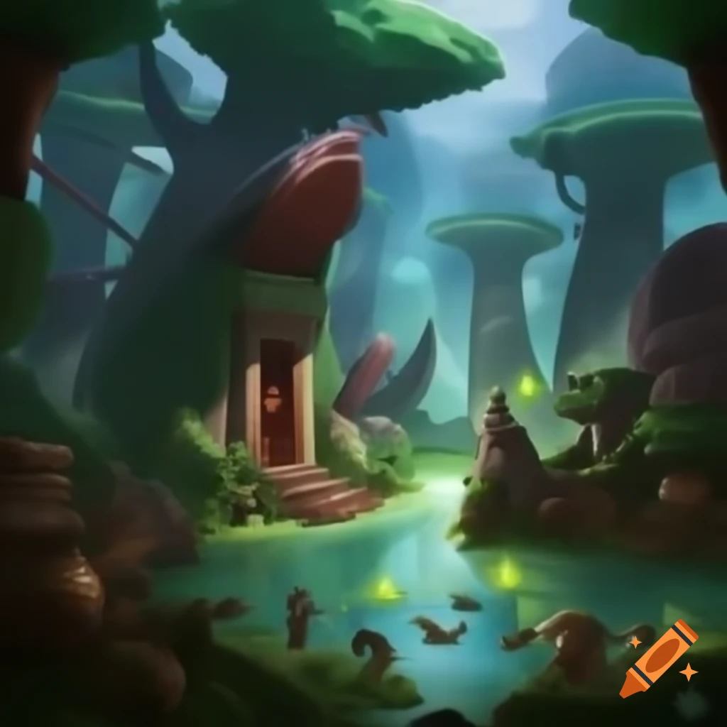 Mystical landscapes inspired by Riven, featuring enchanted forest and magical creatures