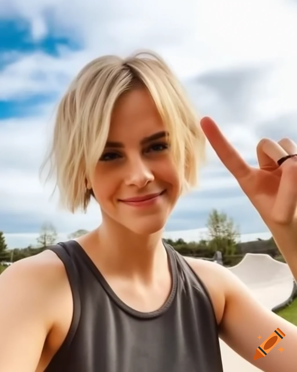 Smiling female skater in tank top making peace sign at skate park