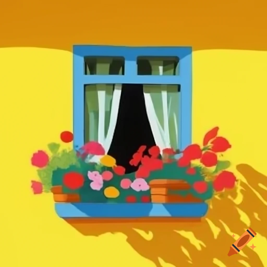 Window with flowers on yellow walls of a house