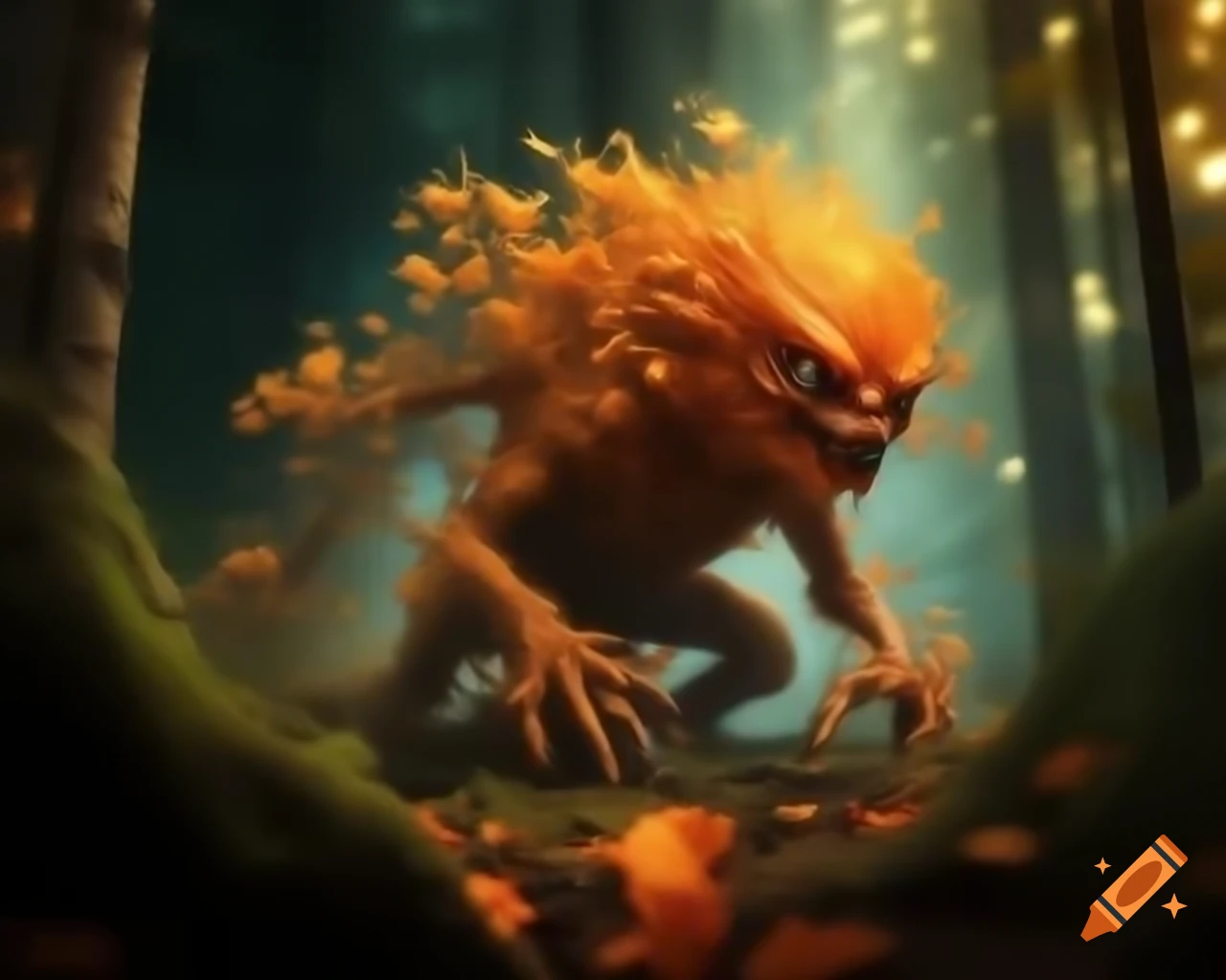 Realistic depiction of an orange tree monster in a contemporary nature setting