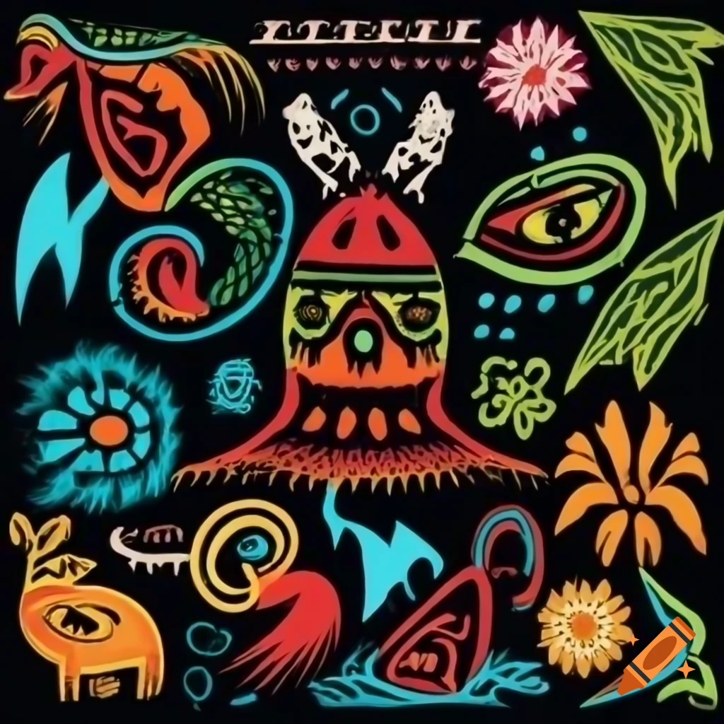 Color serigraph of native Salish motifs featuring fantasy creatures and animal-human hybrids