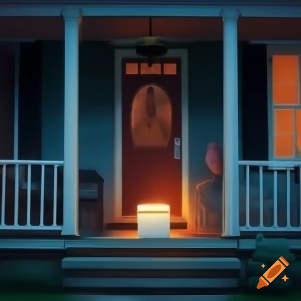 Cozy front porch with magical box and witch's hat partially visible
