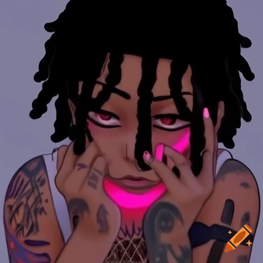 Anime character with dreadlocks, pink face tattoos, tired eyes, and grillz