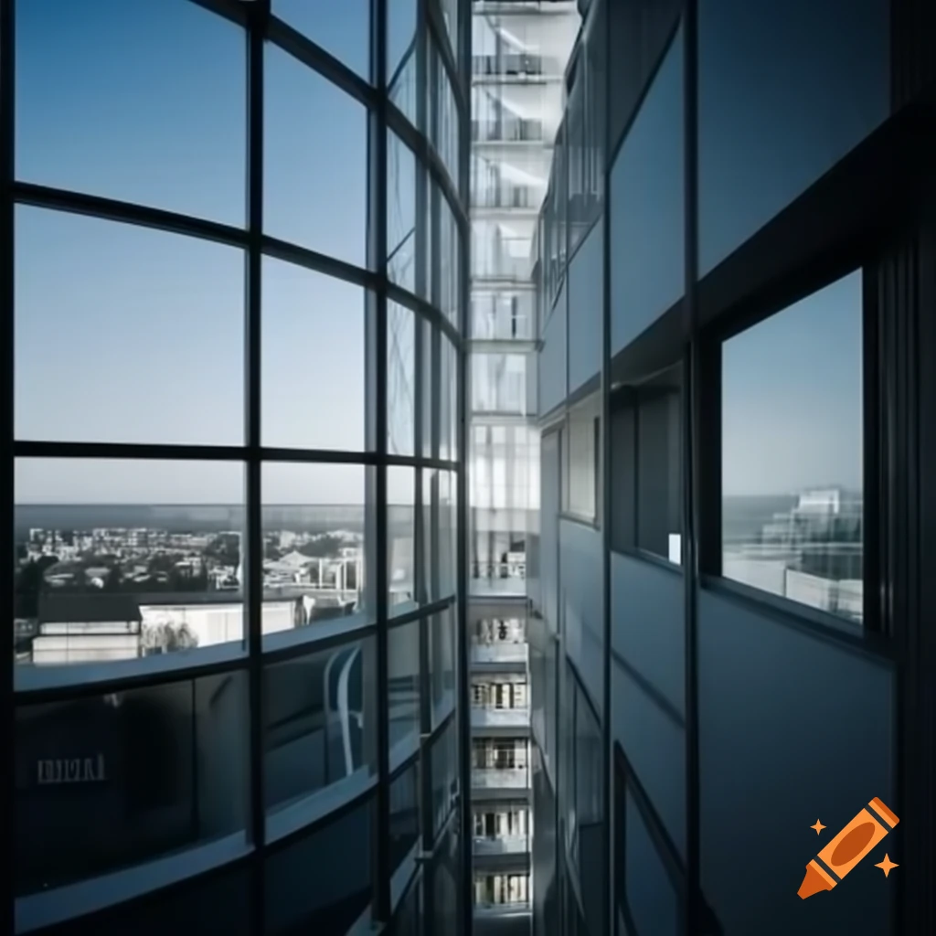 Realistic depiction of a modern building with maintenance workers and gardener