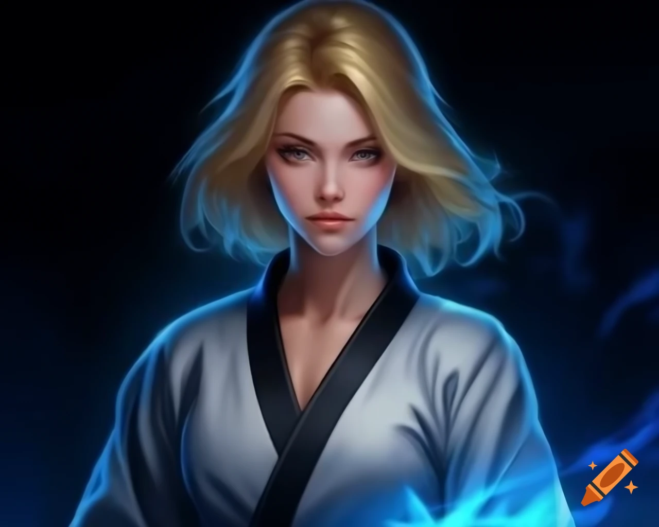 Character portrait of woman in taekwondo uniform with blue aura