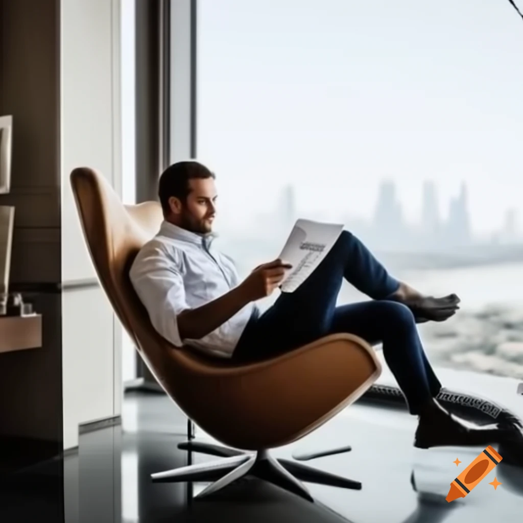 Wealthy person lounging in modern environment with city skyline view