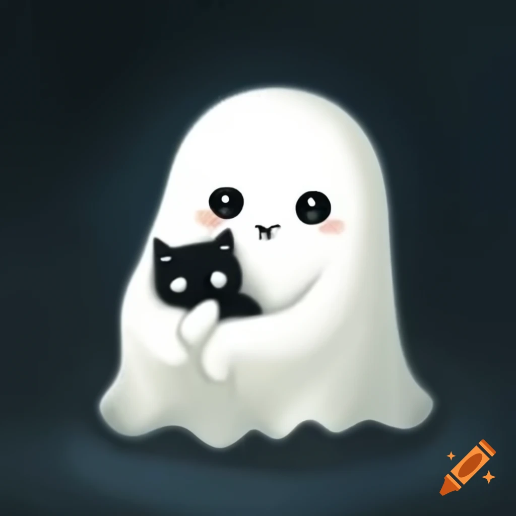 Cute ghost holding black kitten