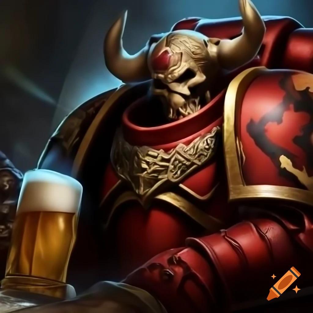 Chaos Space Marine in red armor and horned helmet raising beer in triumph