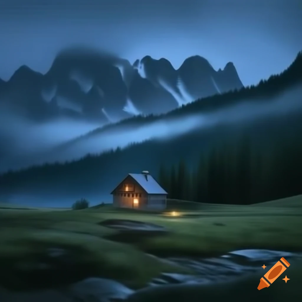 Cabin in the mountains on a misty night