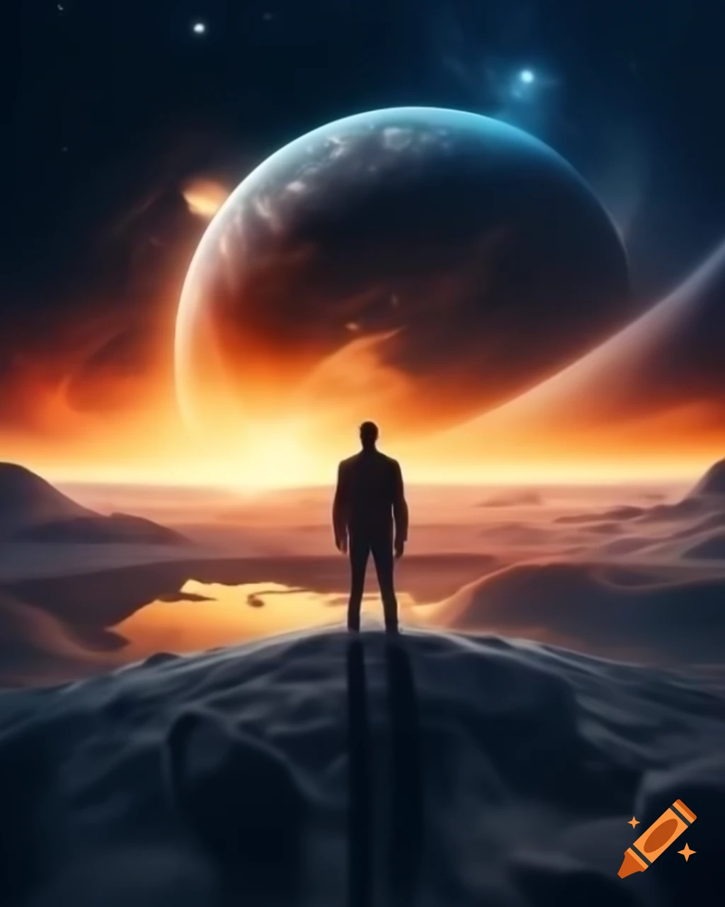 Man standing before alien planet at dawn
