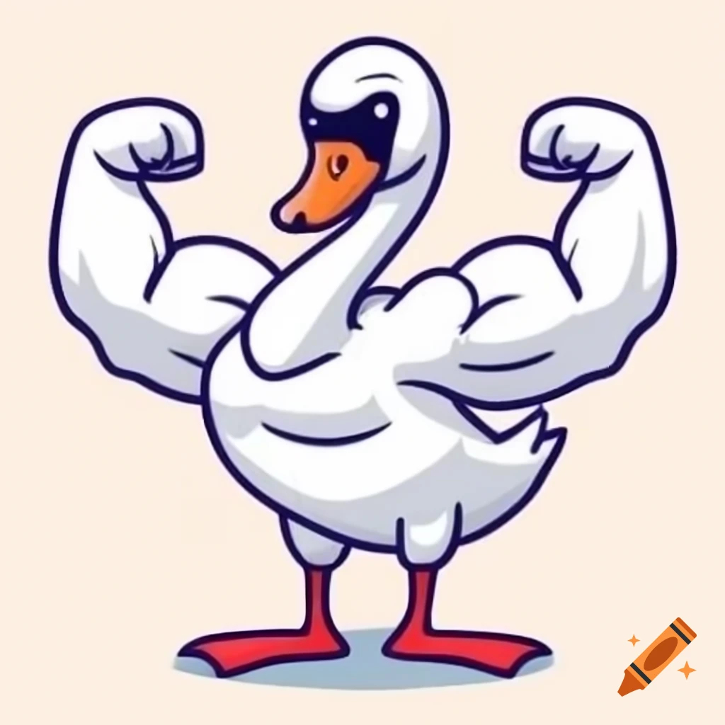 Cartoon swan flexing muscles with white and red logo