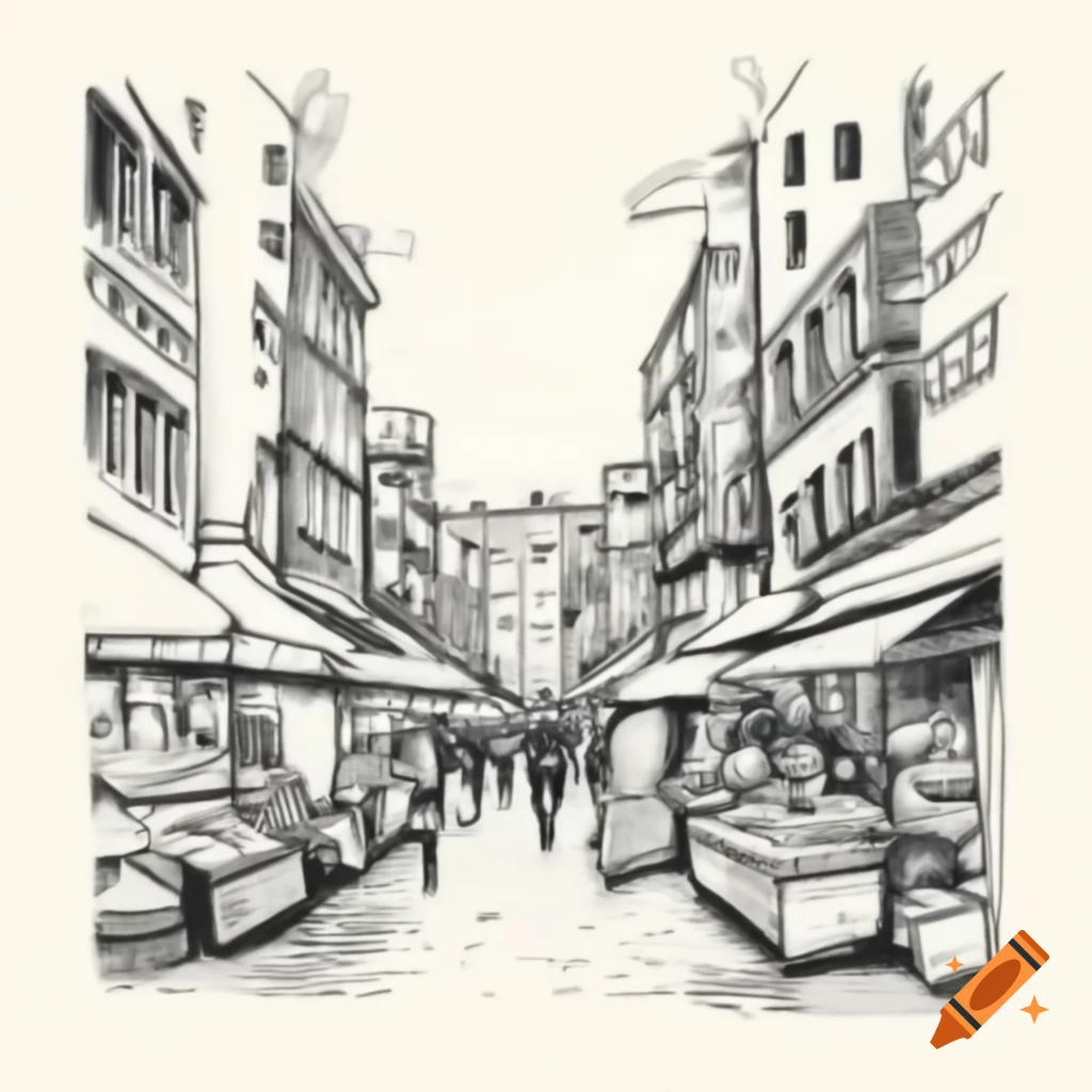 Sketch of a bustling marketplace