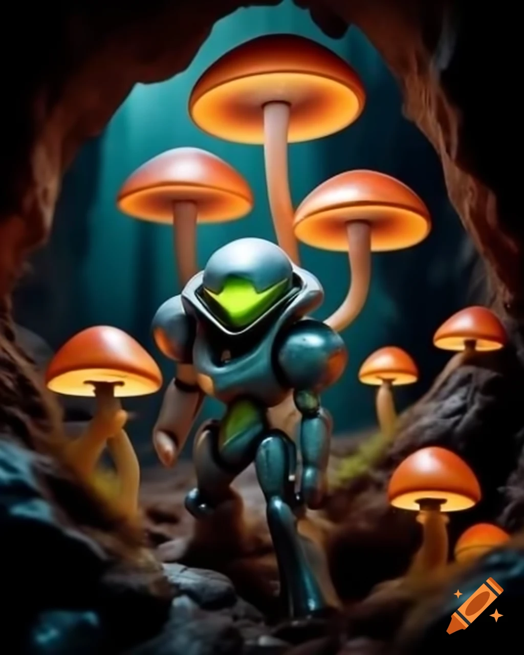 Metroid Samus in cave with glowing mushrooms, hyper-realistic photography