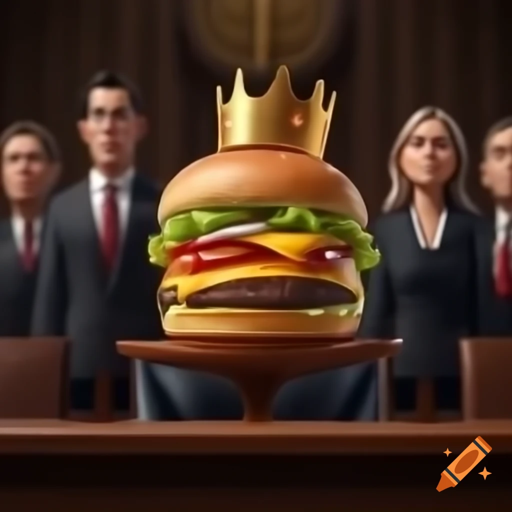 Animated burger judge in courtroom dispute with advocates