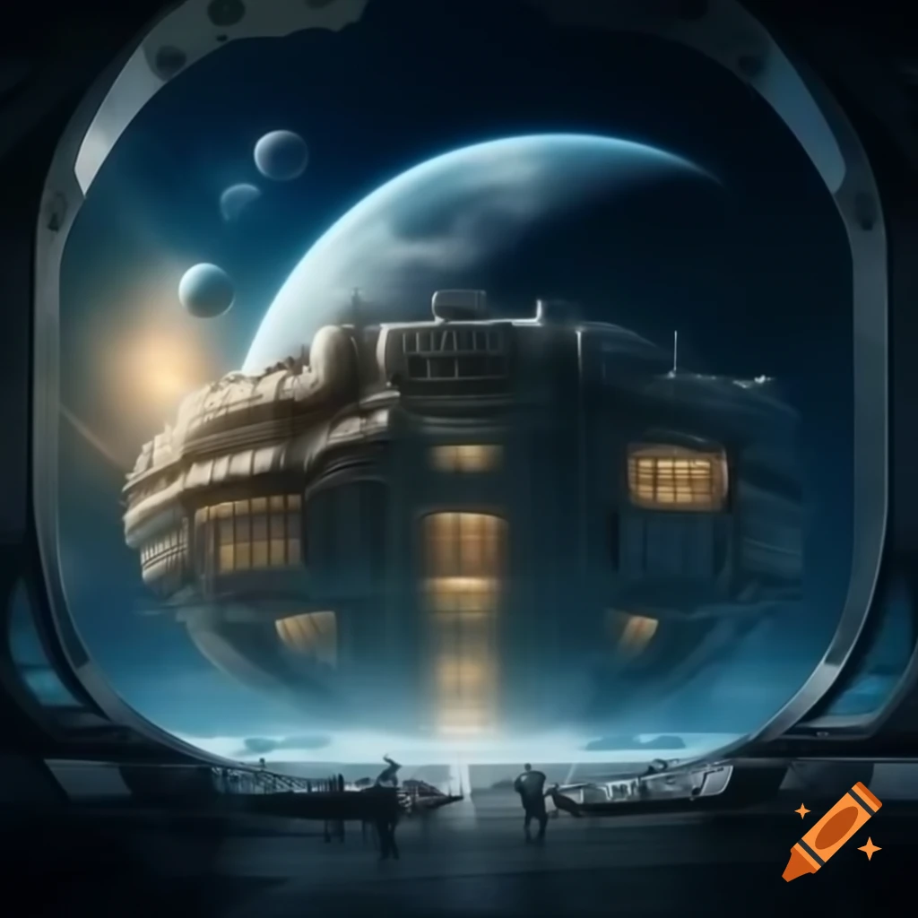 Interior of alien city ship with windows displaying space and planets, discussing Zarkothian complexities