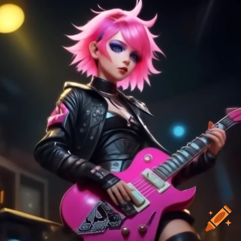 Anime style female punk rocker with pink hair and guitar on dimly lit stage