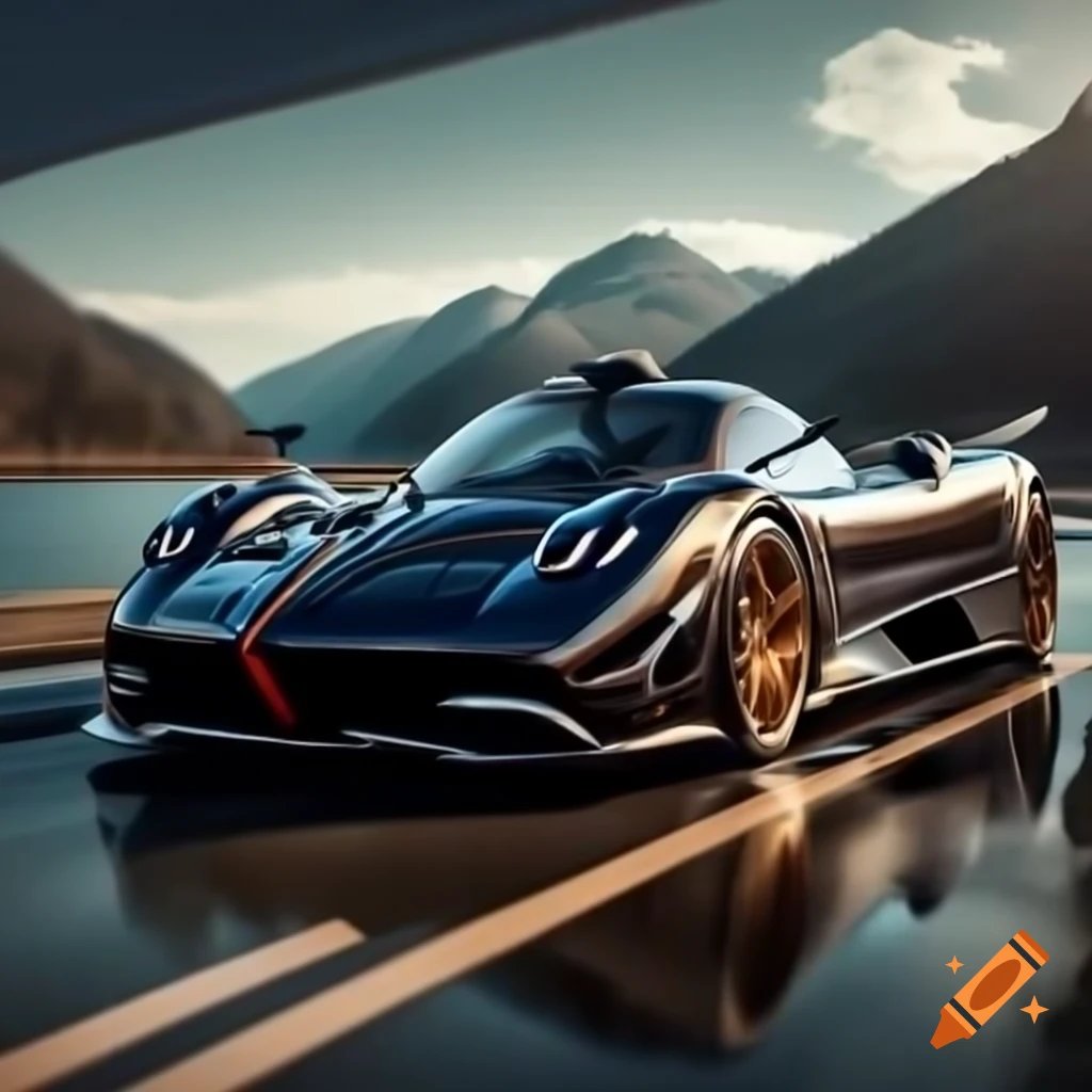 Futuristic Pagani SUV driving past a river